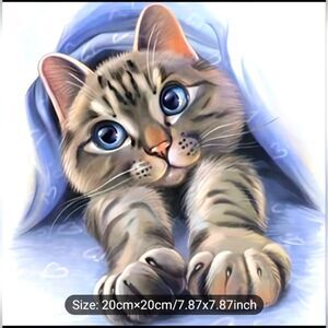 Diamond Painting Kit,  gray kitten stretching, measures 20 x 20 cm